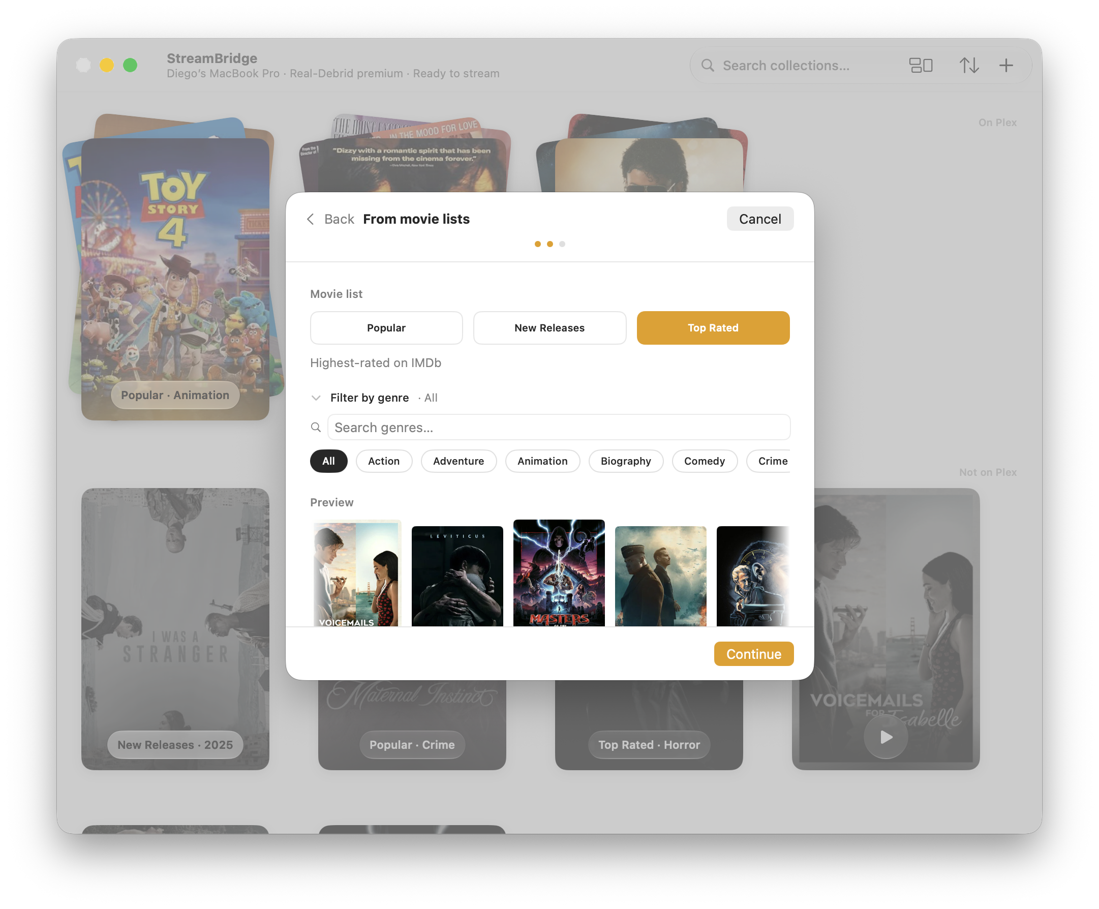 Browse Stremio movie catalogs with genre filters